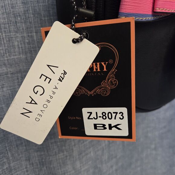 DIOPHY Round Crossbody Bag Black w/ Rainbow Stripe Bow Vegan Leather 9" - Picture 9 of 11